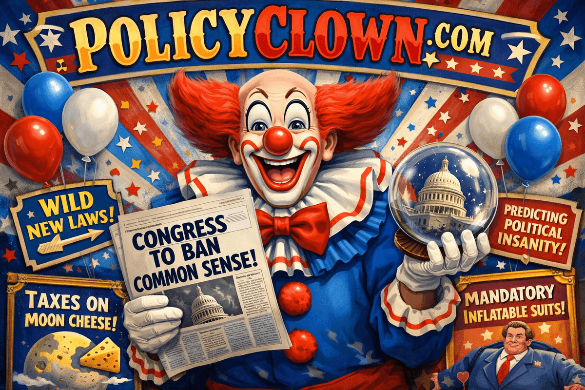 PolicyClown - Daily satirical political predictions combining real news with absurd policy forecasts